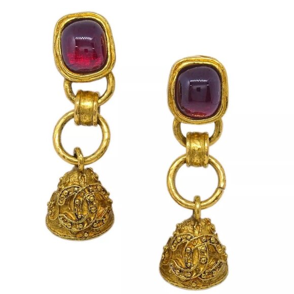 Chanel Gripoix Bell Dangle Earrings Clip-On Gold 94A 124781 - Picture 1 of 8